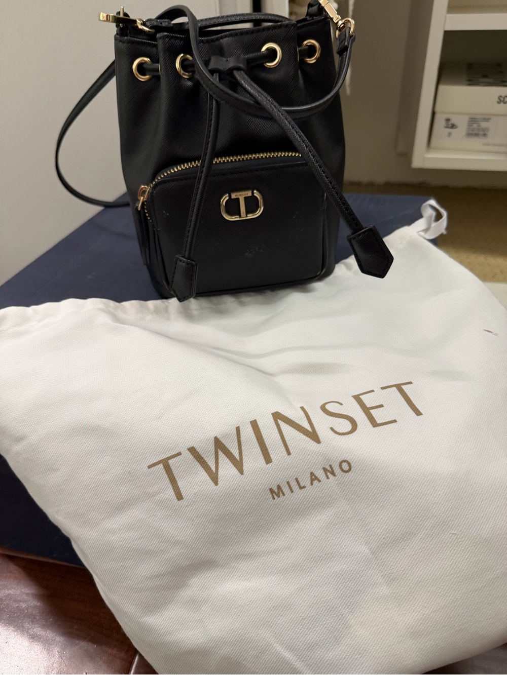 Twin-Set Black Leather Mini Drawstring Bucket Bag with Gold Hardware